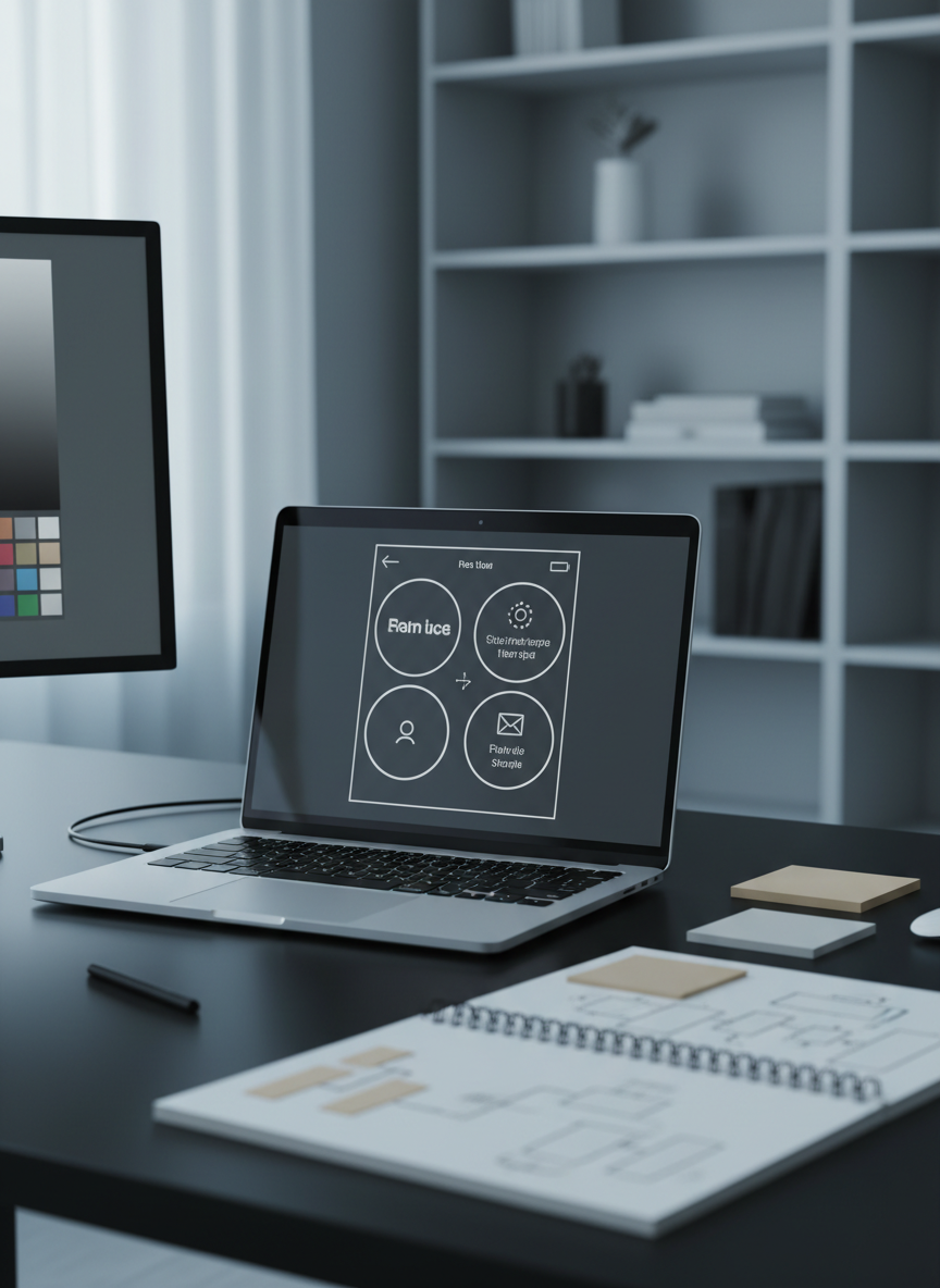 A sleek, ultra-minimal UX case study workspace featuring a single, thin silver laptop open on a matte black desk. The screen shows a bold, high-contrast wireframe of a mobile app with oversized accessible buttons and clear typography in white on charcoal grey. Around the laptop, neatly arranged color-calibrated monitor, a sketchbook with precise flow diagrams, and a set of neutral-toned sticky notes form a tight composition. Illuminated by cool, diffused daylight from an unseen window, subtle reflections run along the laptop’s edge. Shot at eye level with a shallow depth of field, the background falls into a soft blur of monochrome shelves. The photographic realism and clean, modern aesthetic emphasize clarity, focus, and purposeful UX thinking.
