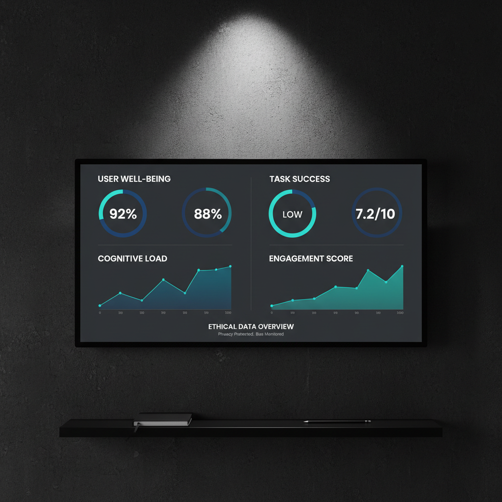 A dramatic, minimal UX dashboard interface displayed on a large, frameless ultra-wide monitor mounted on a dark, textured wall. The screen shows an accessible analytics dashboard with generously spaced charts, high-contrast labels, and clear, ethically framed metrics like “user well-being” and “task success.” The monitor rests above a narrow black shelf holding only a single monochrome notebook and a slender graphite pencil. Lit by a single, focused overhead light, the interface glows against the near-black surroundings, casting a faint halo on the wall. Captured in a straight-on composition with sharp focus throughout, the photographic image feels bold, cinematic, and intensely focused on the ethical, data-informed side of UX design.