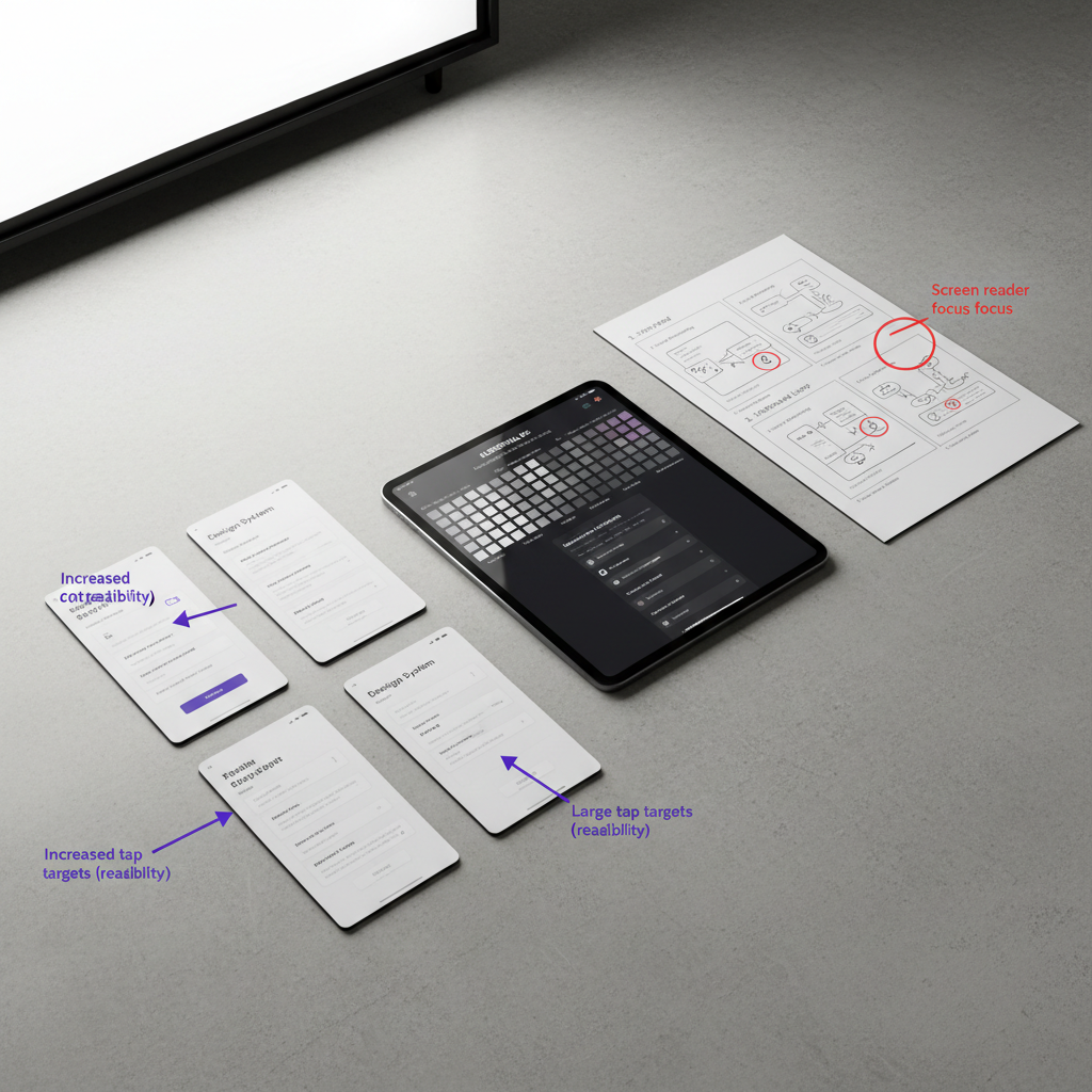 A collection of UX case study artifacts spread with careful precision across a wide, pale concrete tabletop: high-fidelity mobile screens printed on thick matte paper, a bold black tablet displaying a crisp design system, and a stark white storyboard of user flows drawn with sharp black lines. Each artifact uses strong contrast and generous whitespace, with clear accessibility annotations. Overhead, soft studio lighting evenly illuminates every detail, creating gentle, defined shadows that add depth. Shot from a slightly elevated, top-down perspective, the composition forms a strong diagonal flow from lower left to upper right. The mood is bold and analytical, with a photographic realism that highlights structure, hierarchy, and methodical UX craftsmanship.