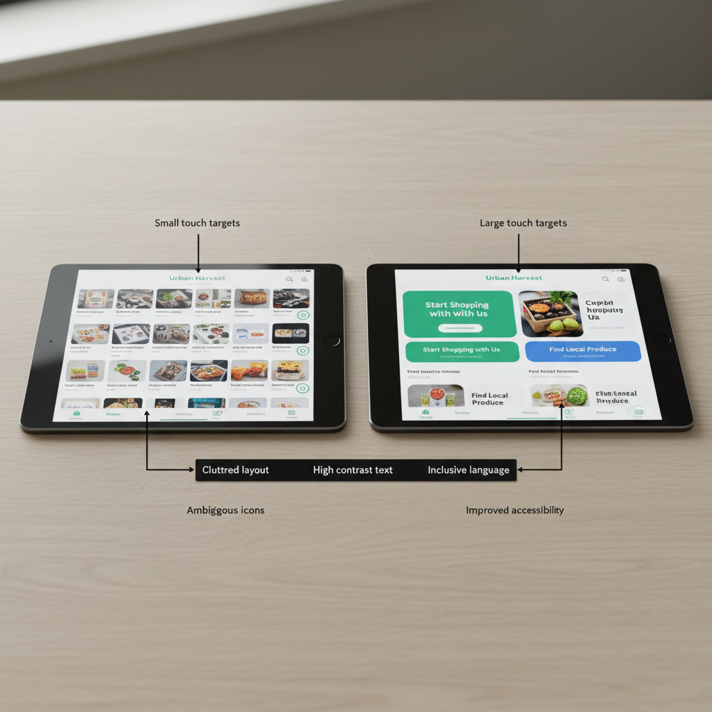 A side-by-side comparison of two UX flows displayed on matching, thin black tablets resting on a light ash wood surface. One tablet shows a cluttered, low-contrast interface, while the other presents a clean, accessible redesign with large touch targets, clear hierarchy, and inclusive language. Between them lies a narrow black strip of annotations, printed in precise sans-serif type, calling out ethical and usability improvements. Soft, overcast window light from the left creates even illumination and subtle, directional shadows, enhancing contrast without harshness. Shot from a slightly elevated angle with moderate depth of field, both screens are crisp while the wood texture softly recedes. The photographic realism and restrained palette underscore thoughtful, principled UX decision-making.